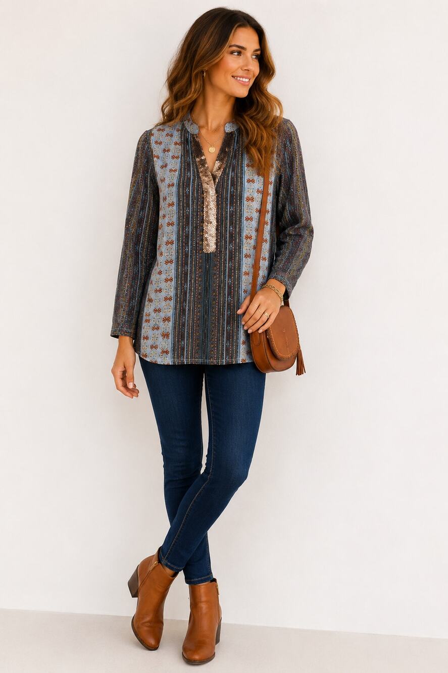 Tiny Anthropologie Sequin Trim Tunic Top XS Boho Mixed Print Long Sleeve